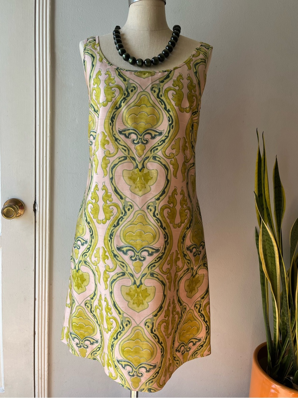J. Crew• Blush Pink & Green Fresco Damask 100% Raw Silk Shift Dress• Sz 6